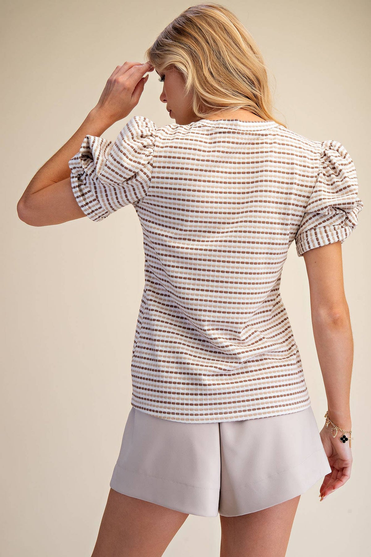 Round Neck Puff Sleeve Stripe Top