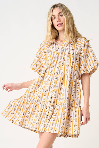 FLORAL STRIPE PRINT TIERED MINI SHIRT DRESS