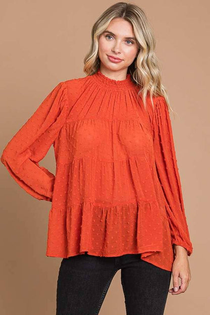 CWT1887Q - SMOCK NECK TIERED 3/4 SLEEVE TOP