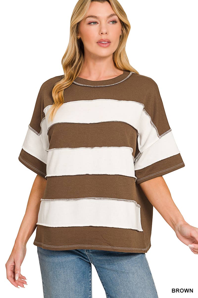 French Terry Striped Exposed Seam Top - Zenana