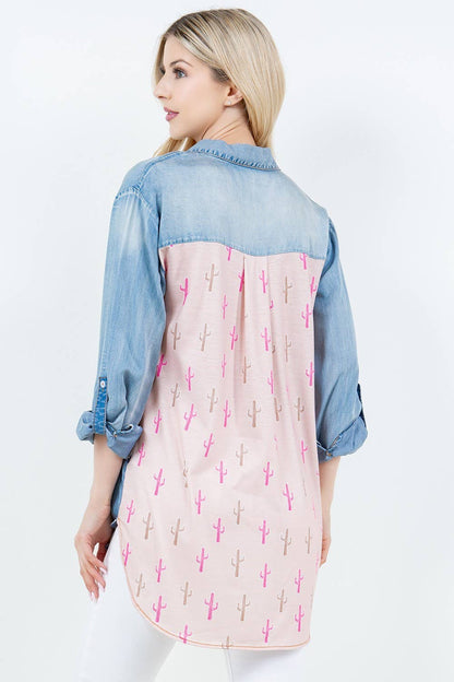 DENIM PINK COLLARED CACTUS PRINT PLUS SIZE TOP BC20002PL: Pink / Plus Size / 1XL