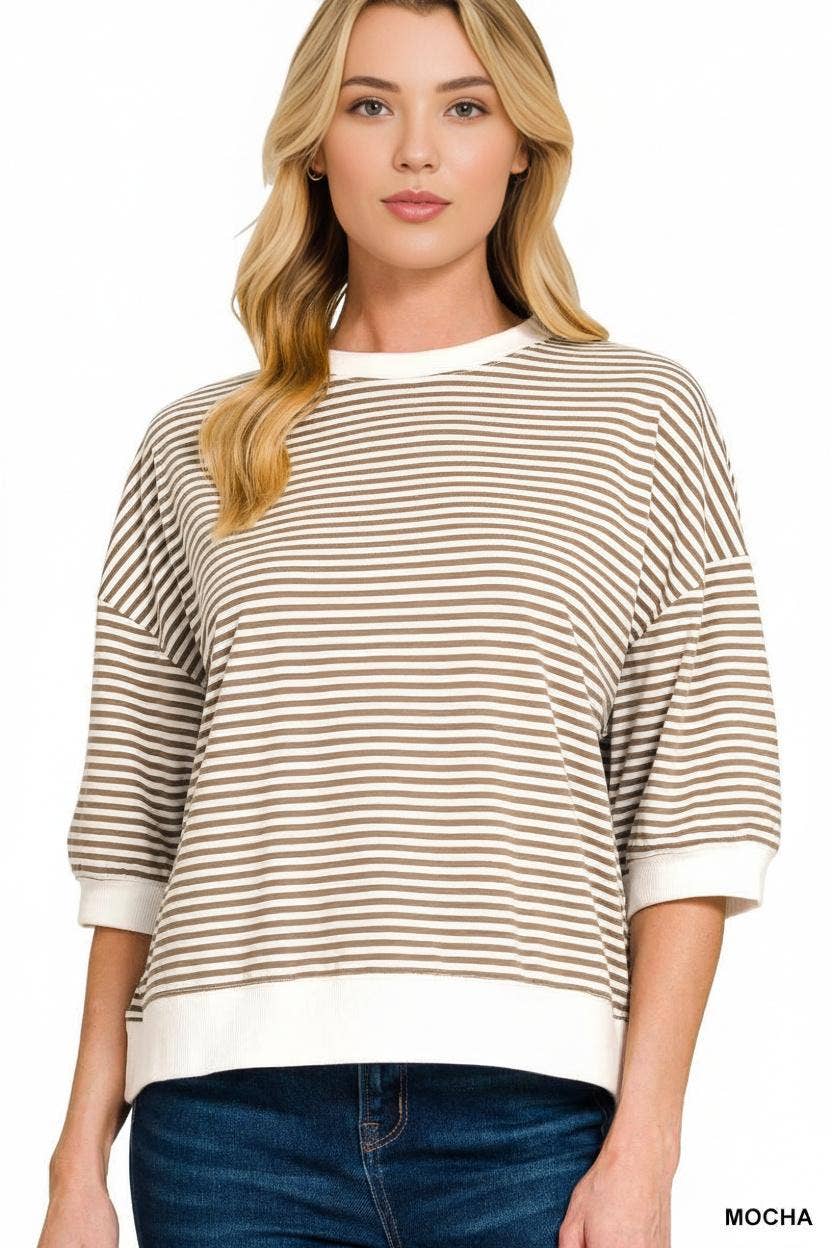 Striped Contrast Trim Banded Bottom Top - Zenana