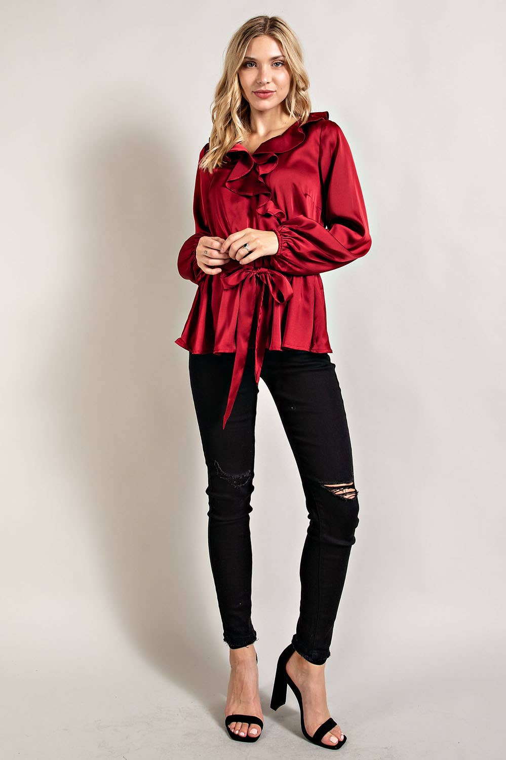 IT3416 - RUFFLED SATIN TOP WITH SELF TIE BELT