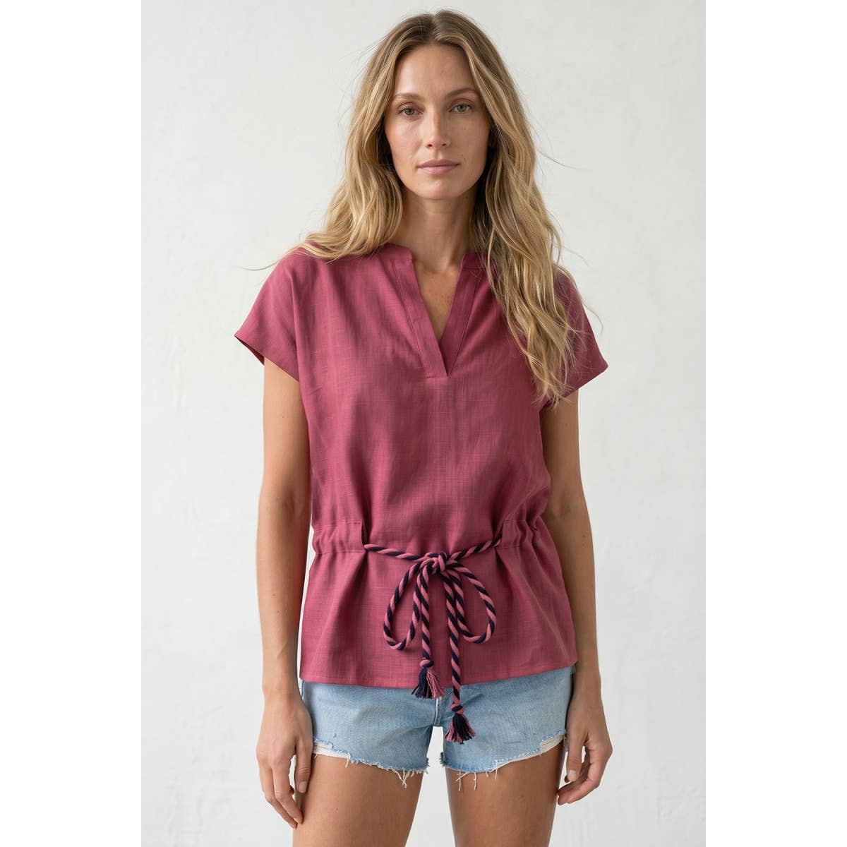 Linen Rope Tie Waist Blouse