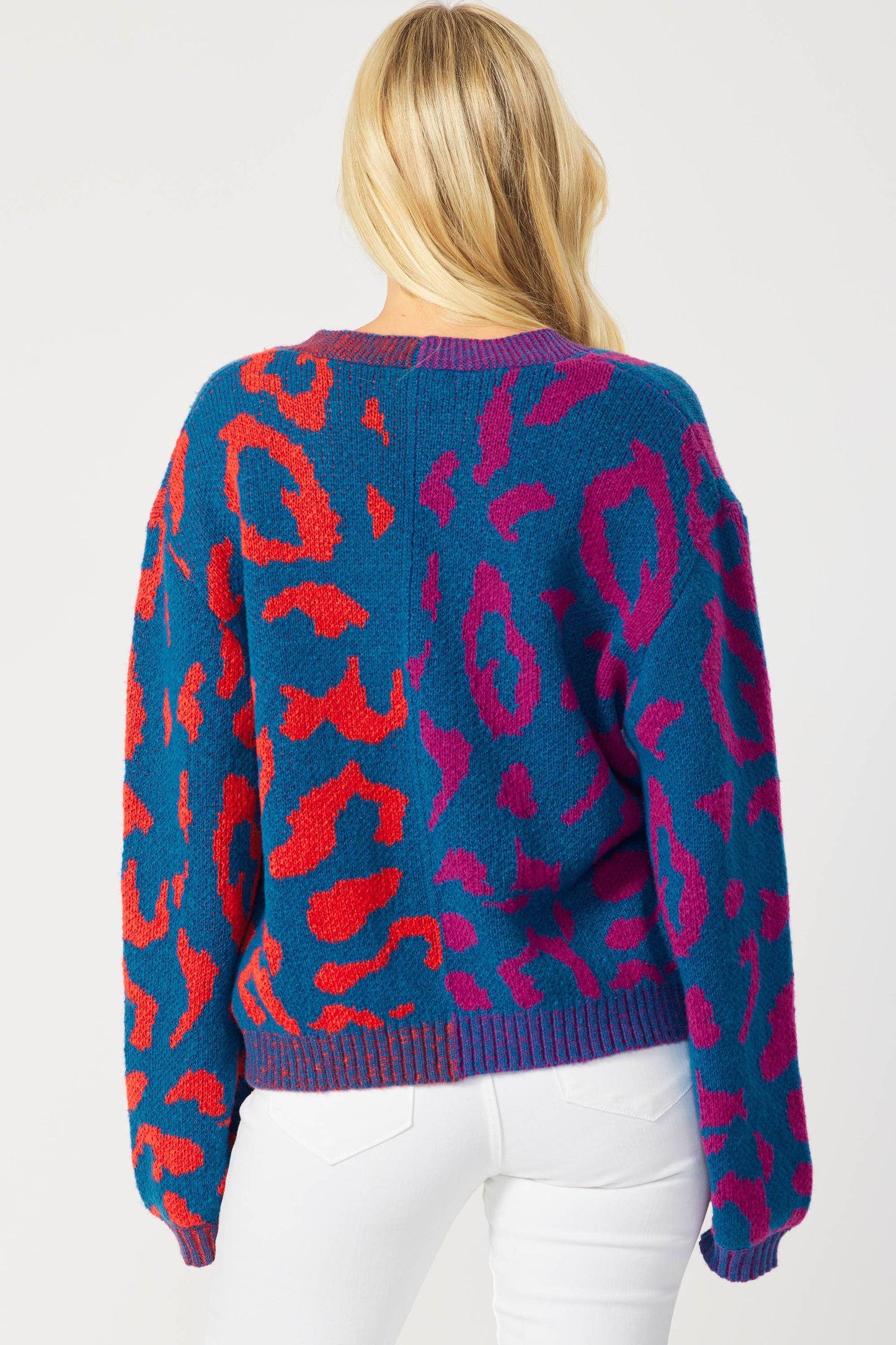 IJ1101 - LEOPARD COLOR BLOCK BUTTON DOWN SWEATER CARDIGAN