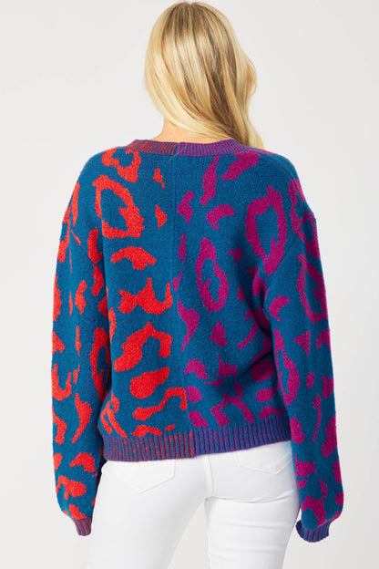 IJ1101 - LEOPARD COLOR BLOCK BUTTON DOWN SWEATER CARDIGAN