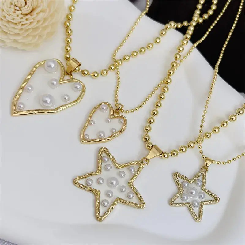 Beaded Necklace with Heart or Star Pendant with Pearls