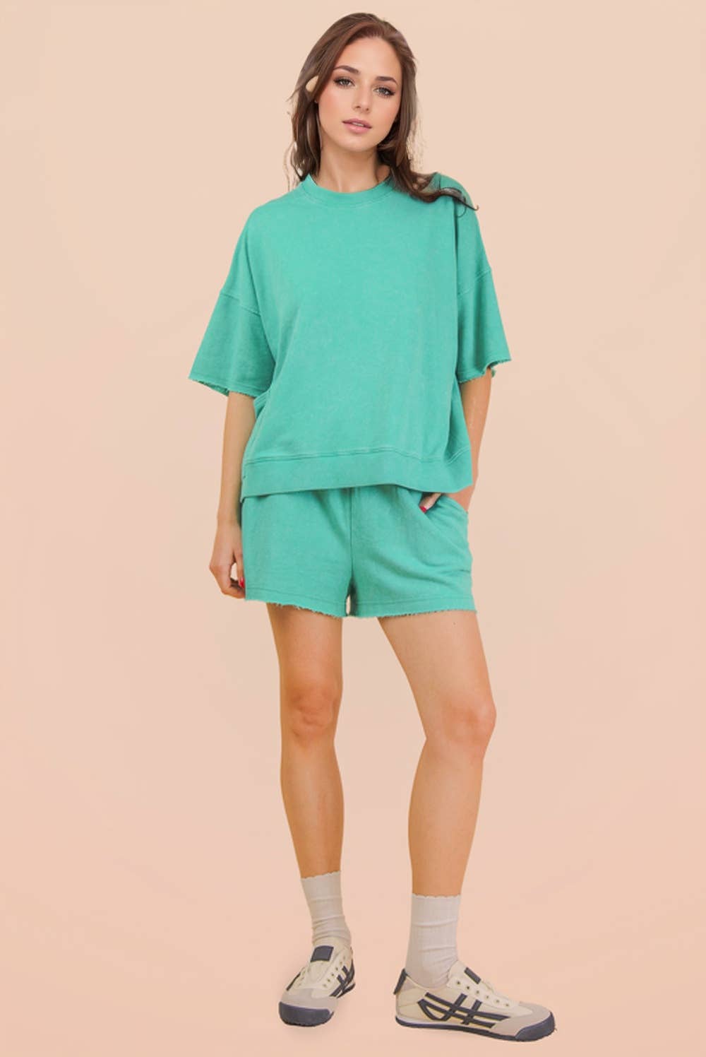 NT12429SETX-PLUS SIZE Mineral Washed Knit Casual Top & Shorts
