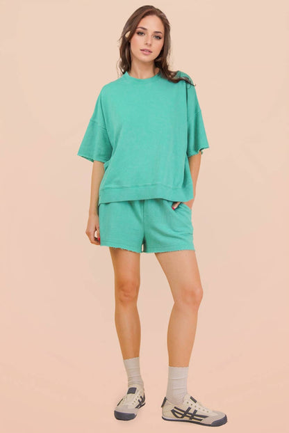 NT12429SETX-PLUS SIZE Mineral Washed Knit Casual Top & Shorts