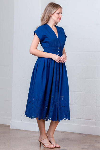 ZD49036T-ROLL-UP SLV V-NECK SMOCKING AT WAIST LONG DRESS