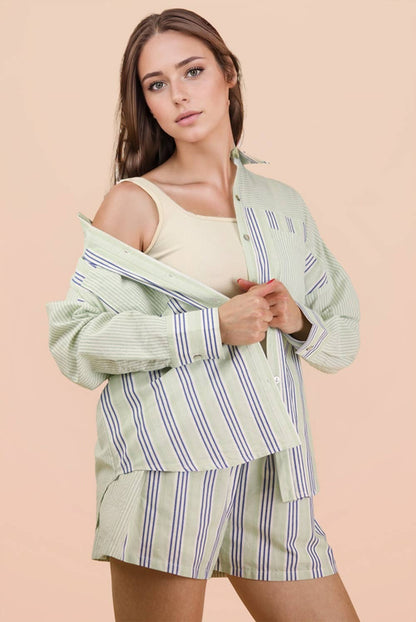 NT12497SETX-PLUS SIZE Stripe Woven Shirt Top & Shorts Set