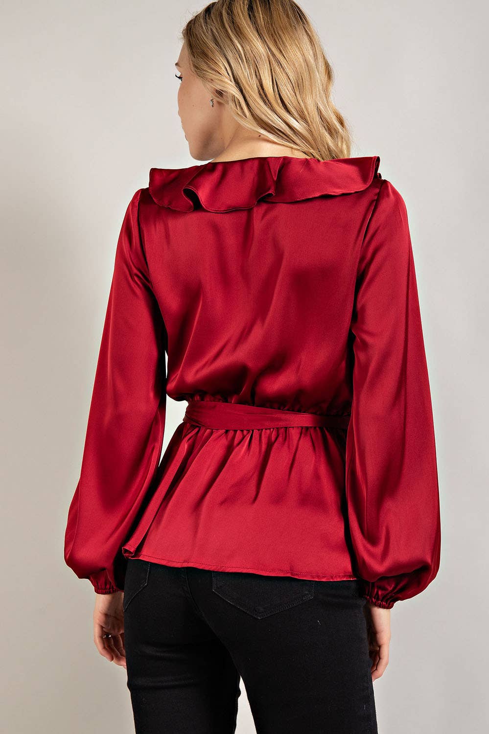 IT3416 - RUFFLED SATIN TOP WITH SELF TIE BELT