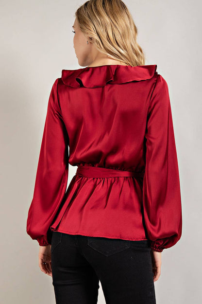 IT3416 - RUFFLED SATIN TOP WITH SELF TIE BELT