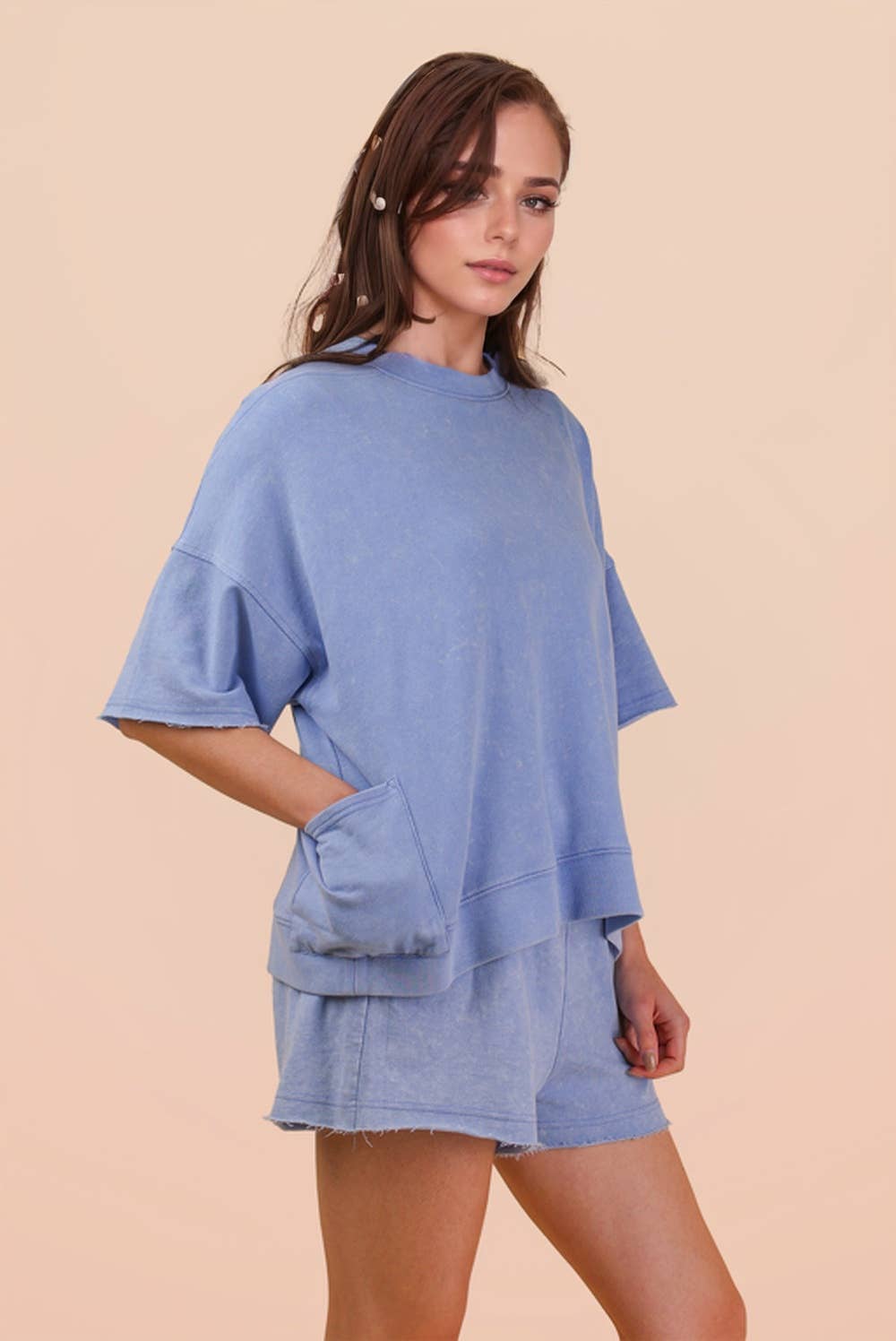 NT12429SETX-PLUS SIZE Mineral Washed Knit Casual Top & Shorts
