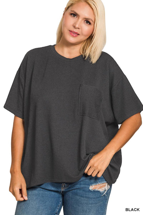0107 Plus Raised Rib Short Sleeve Front Pocket Top SI-28942