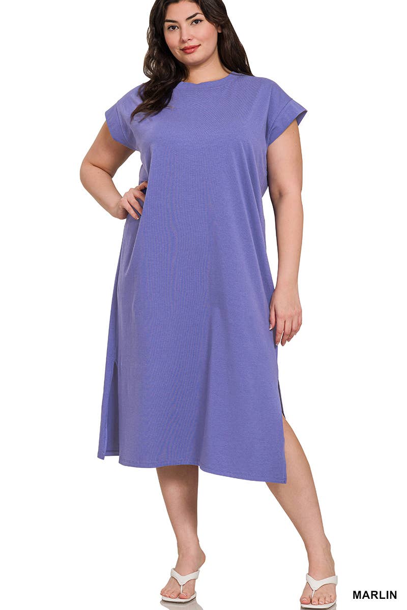 0624 Plus Round Neck Short Sleeve Midi Dress w/ Side Slit SI-2728