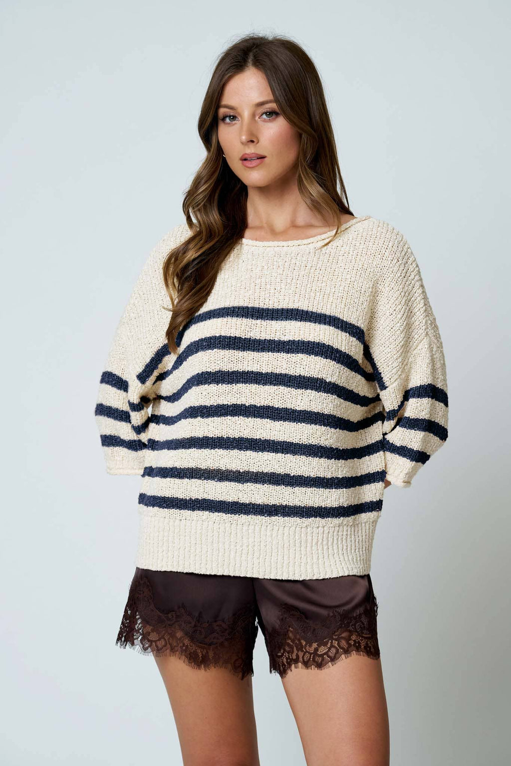 STRIPE TEXTURED KNIT HALF SLEEVE KNIT SWEATER