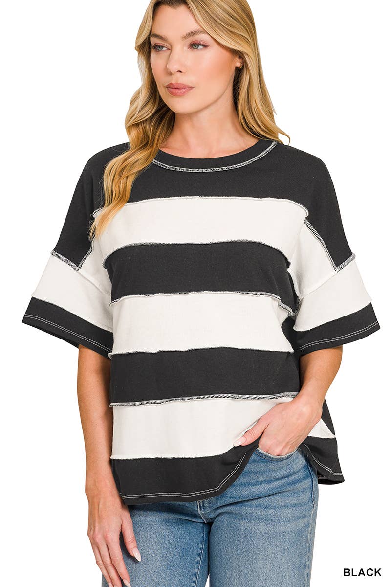 French Terry Striped Exposed Seam Top - Zenana