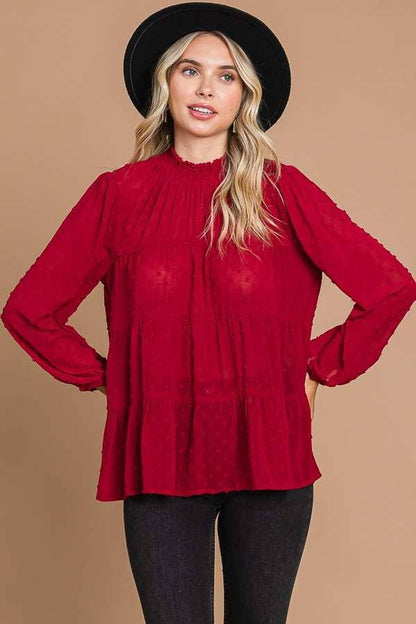 CWT1887Q - SMOCK NECK TIERED 3/4 SLEEVE TOP