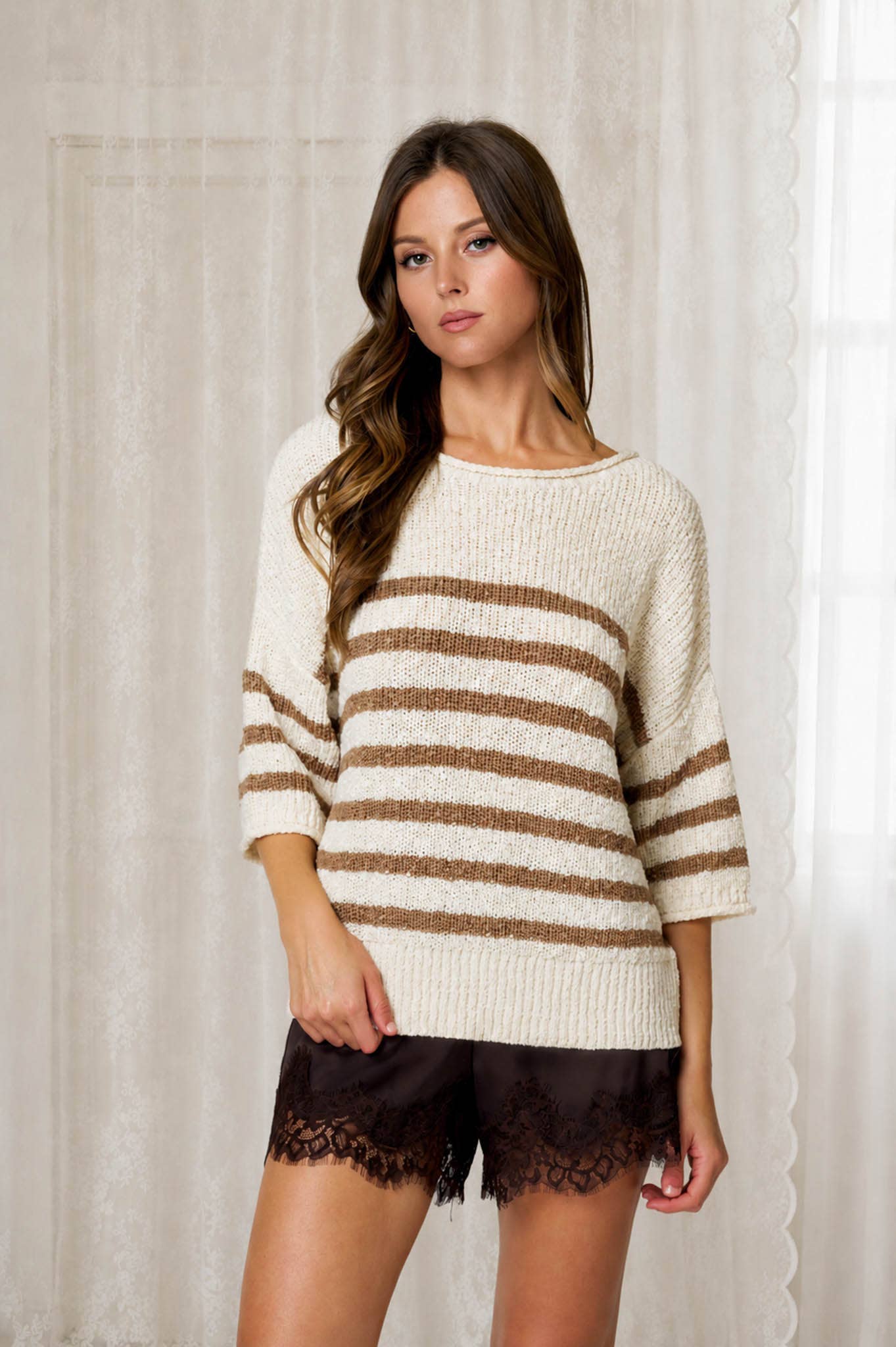 STRIPE TEXTURED KNIT HALF SLEEVE KNIT SWEATER