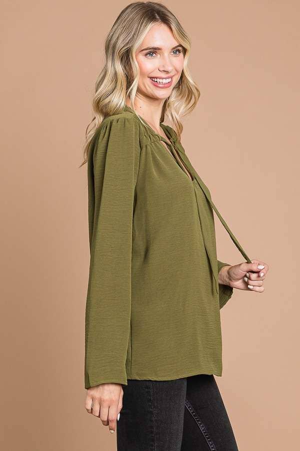 CWT1862L - RUCHING YOKE DETAIL BELL SLEEVE TOP