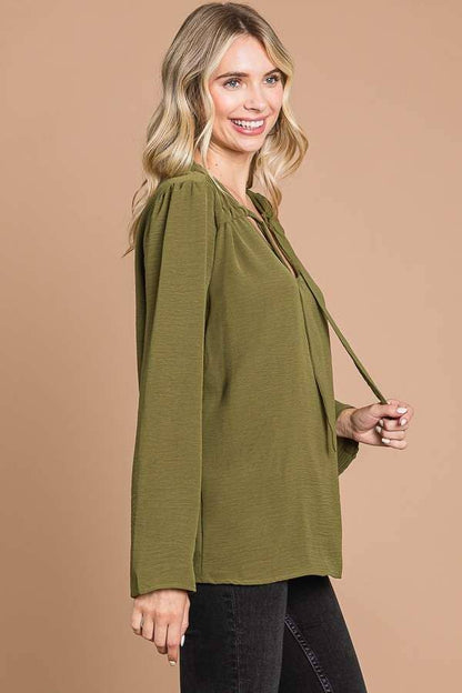CWT1862L - RUCHING YOKE DETAIL BELL SLEEVE TOP
