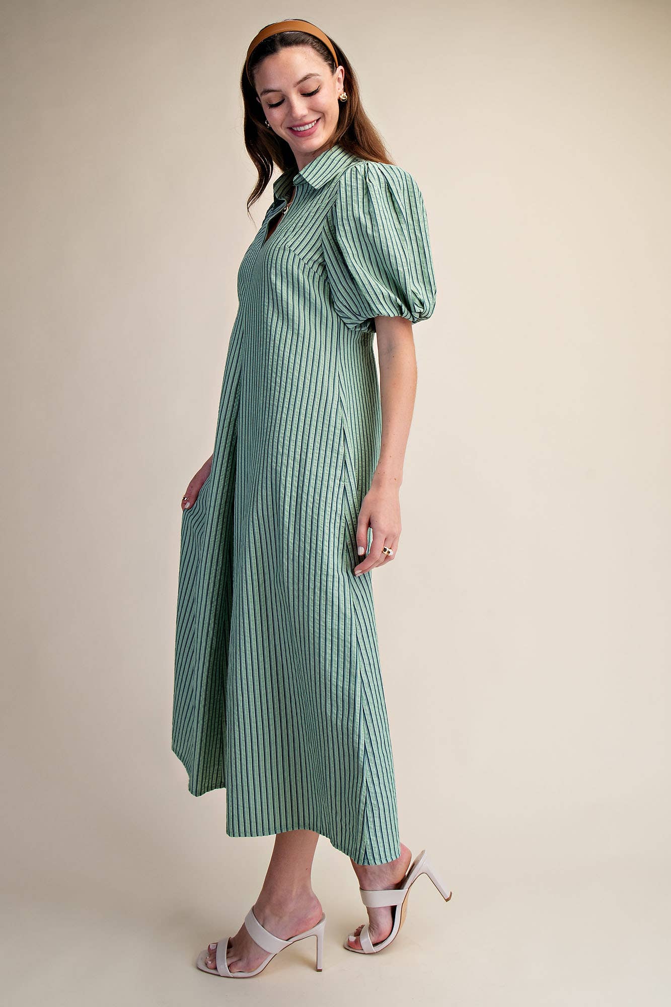 Collar V-Neck Puff Sleeve Stripe Pleated Midi Dress