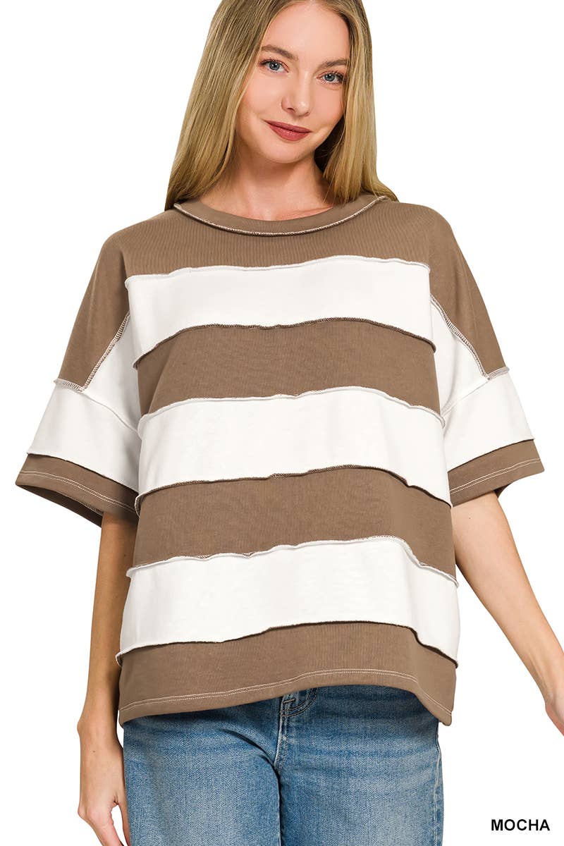 French Terry Striped Exposed Seam Top - Zenana