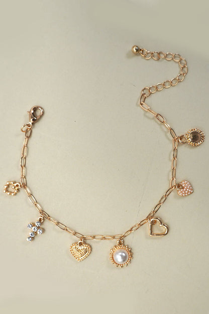 CHARM BRACELET-LINK CHAIN HEART PEARL CROSS CHARMS | 80B1310