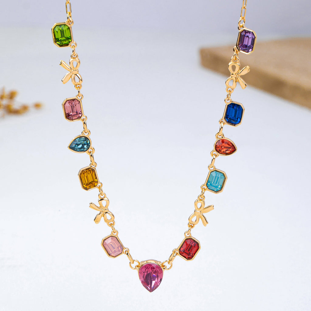 Multi color Teardrop Square Crystal Bow Necklace | 80N93253