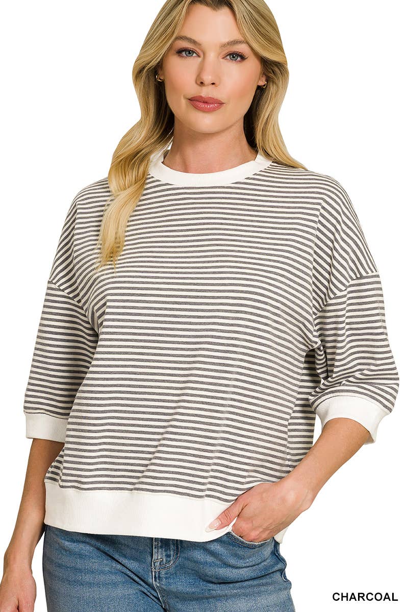 Striped Contrast Trim Banded Bottom Top - Zenana