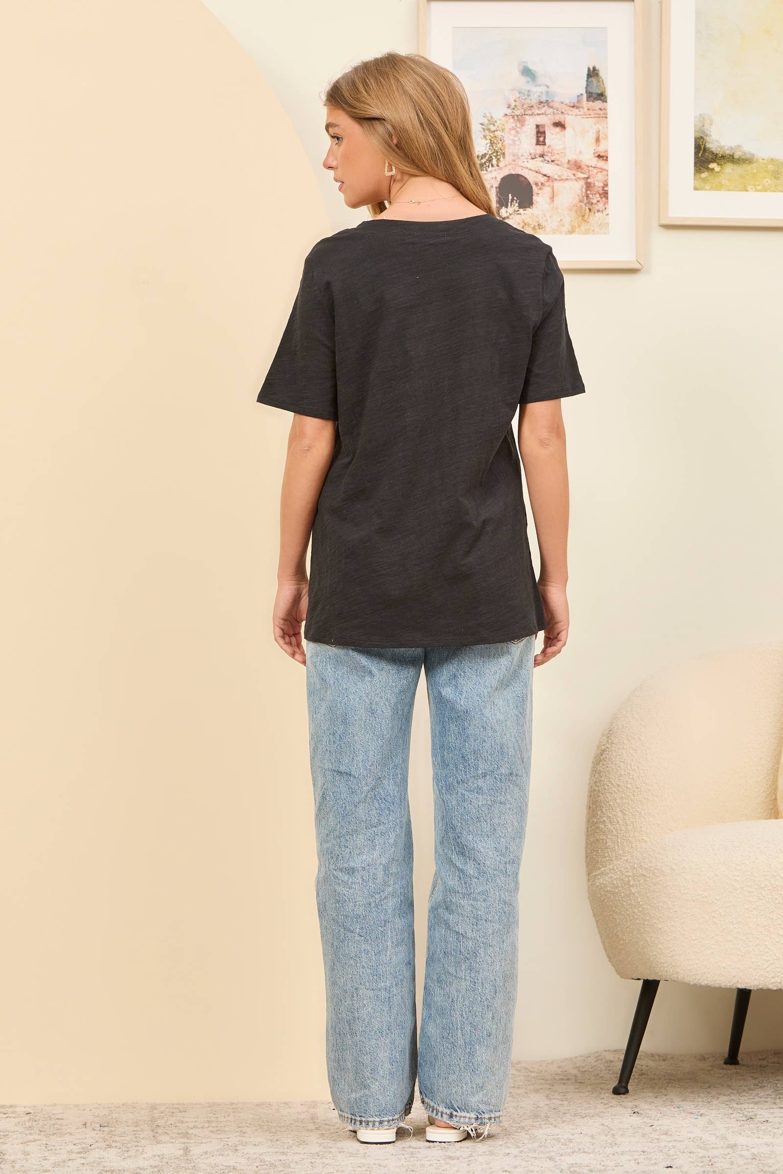 Casual Basic Cotton V Neck Short Sleeve: BLACK / L