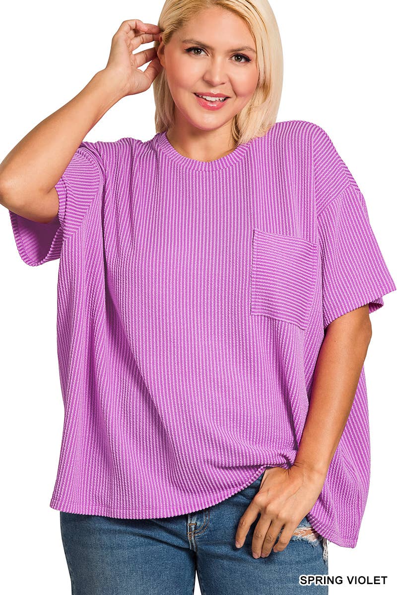 0107 Plus Raised Rib Short Sleeve Front Pocket Top SI-28942