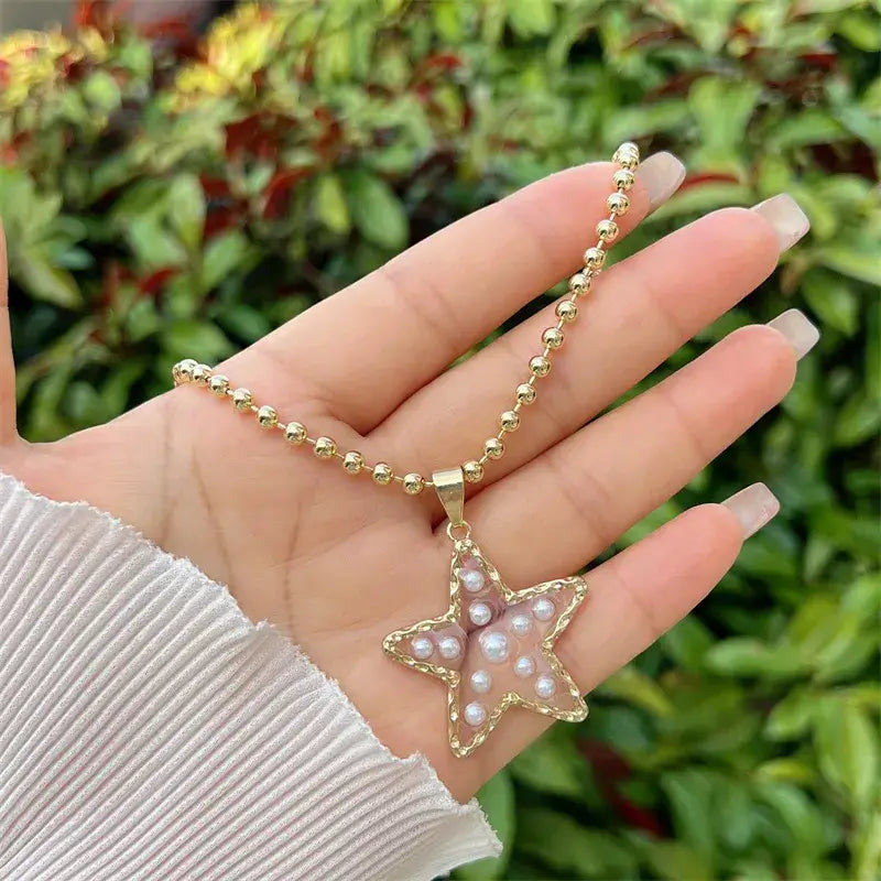 Beaded Necklace with Heart or Star Pendant with Pearls