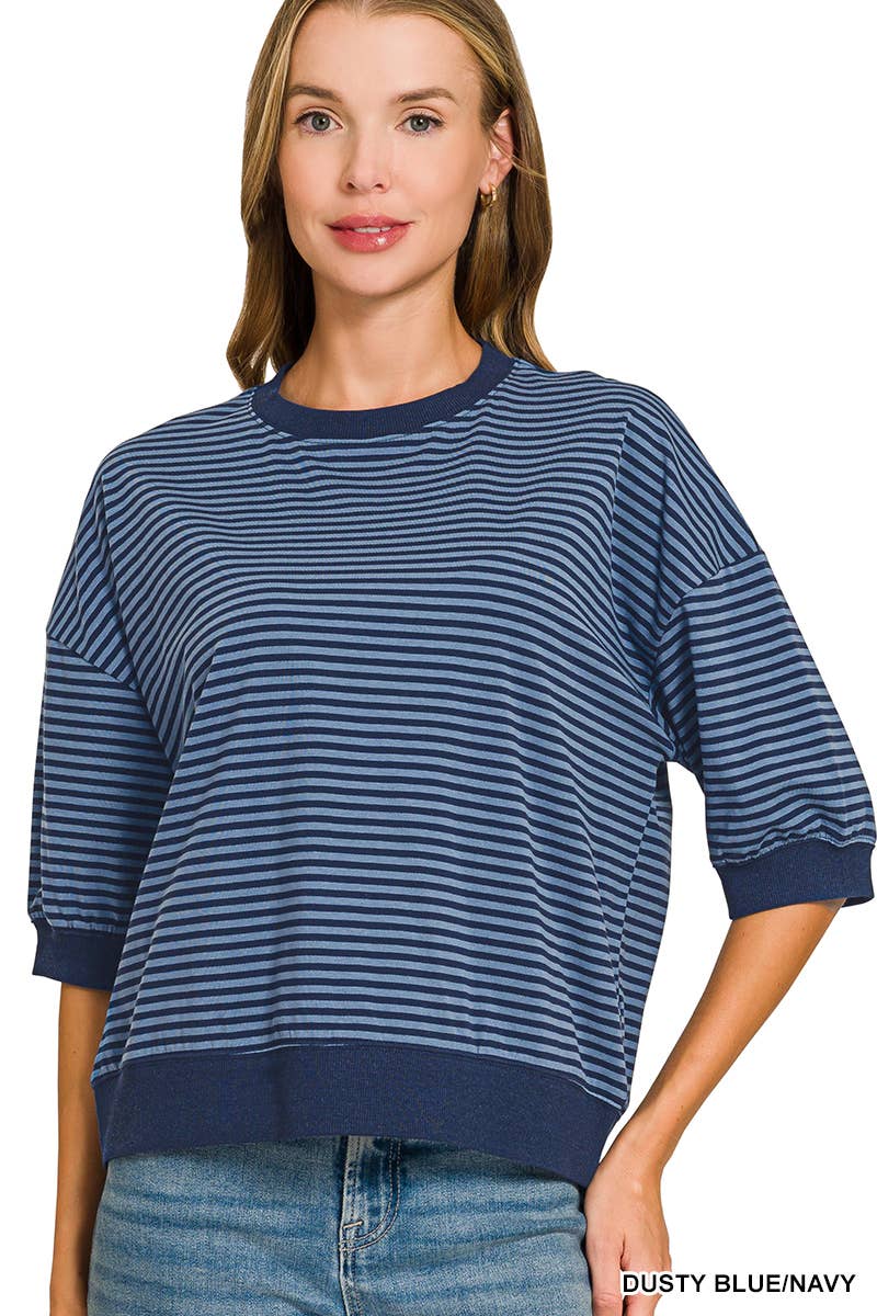 Striped Contrast Trim Banded Bottom Top - Zenana
