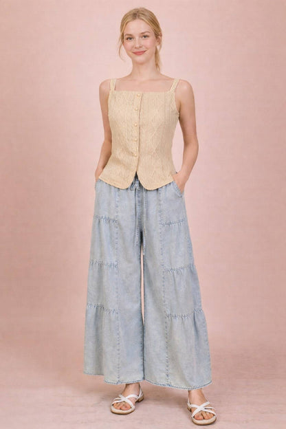 NP70989-Tiered Layers Mineral Washed Chambray Pants