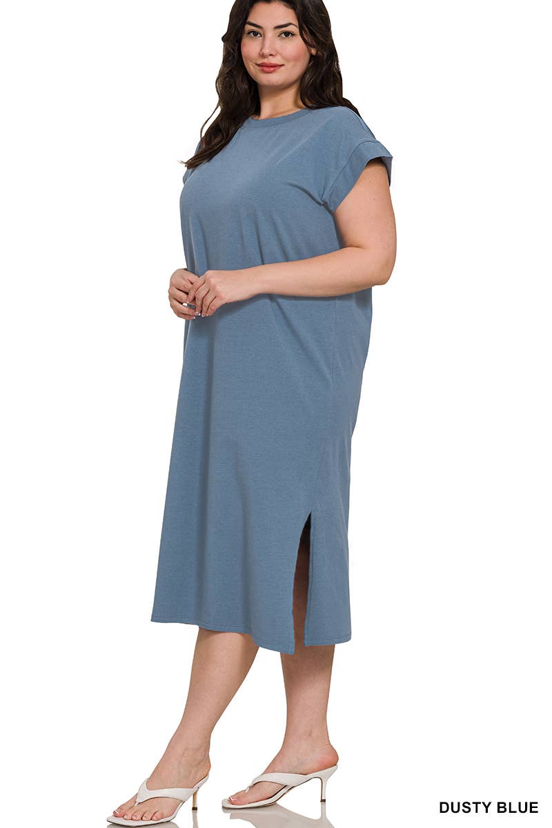 0624 Plus Round Neck Short Sleeve Midi Dress w/ Side Slit SI-2728