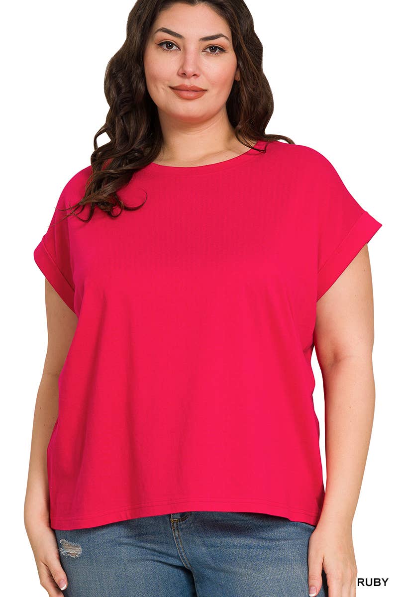 Plus Round Neck Folded Short Sleeve T Shirt - Zenana