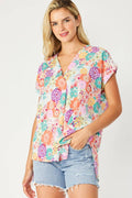 ST3611-E - FLORAL PRINT HI-LOW V NECK RELAXED FIT TOP