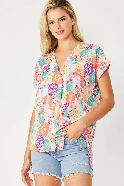 ST3611-E - FLORAL PRINT HI-LOW V NECK RELAXED FIT TOP