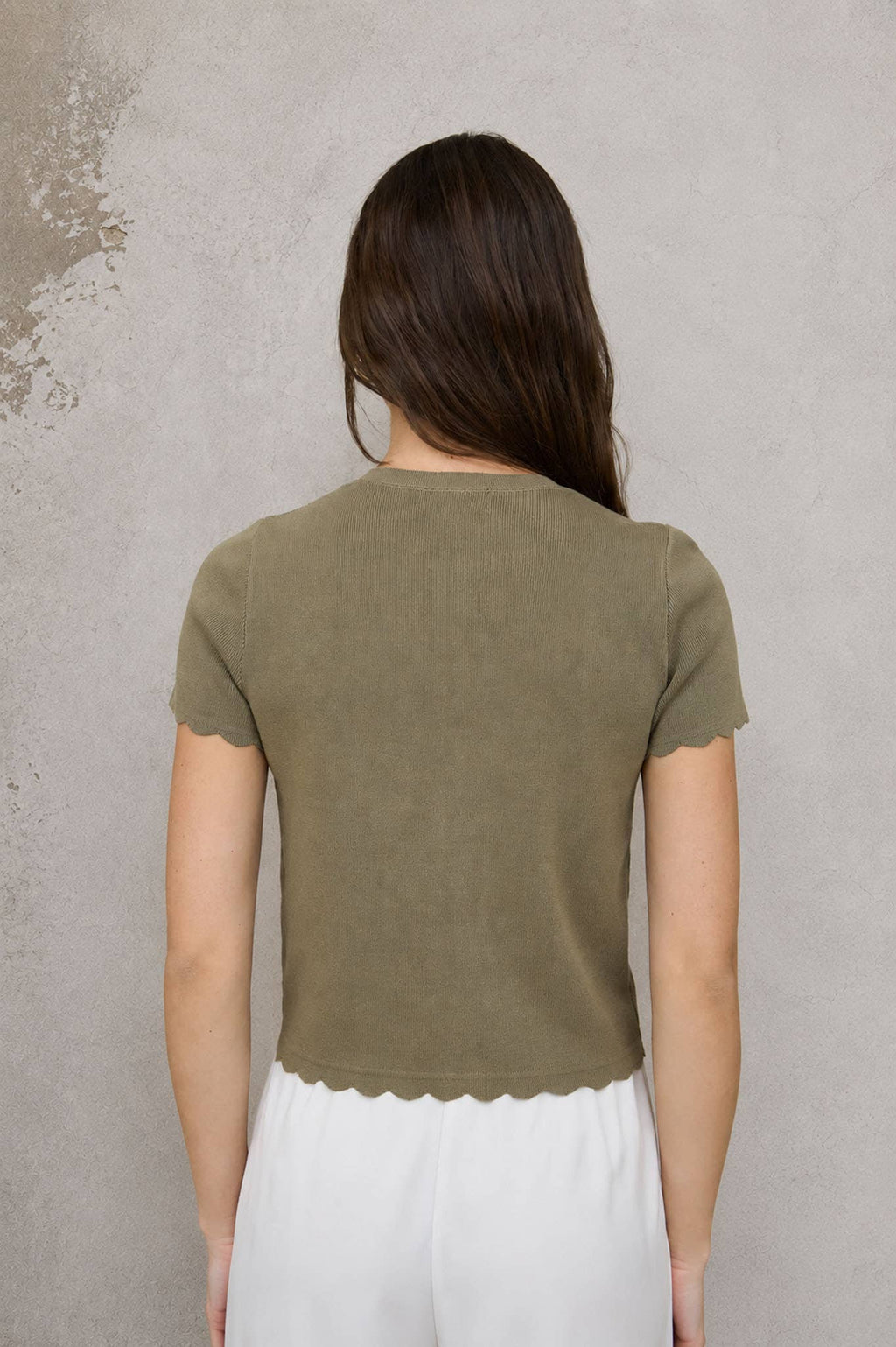 SCALLOPED SHORT SLEEVE BUTTON DOWN KNIT CARDIGAN