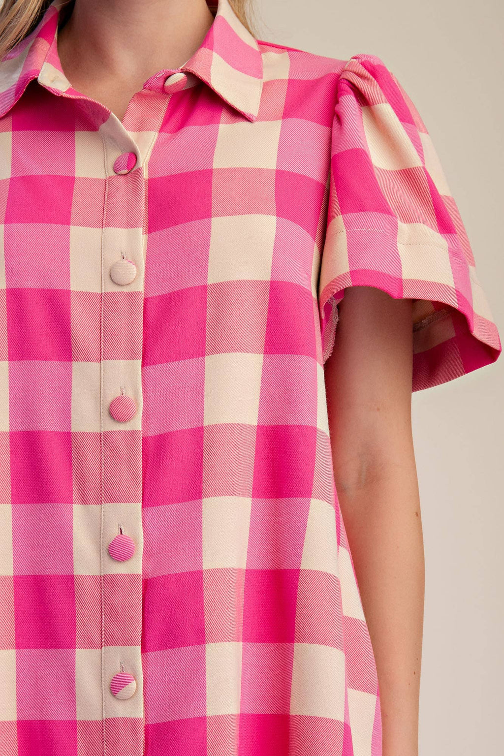 Checkered Mini Dress With Collar Neck Covered Button Down