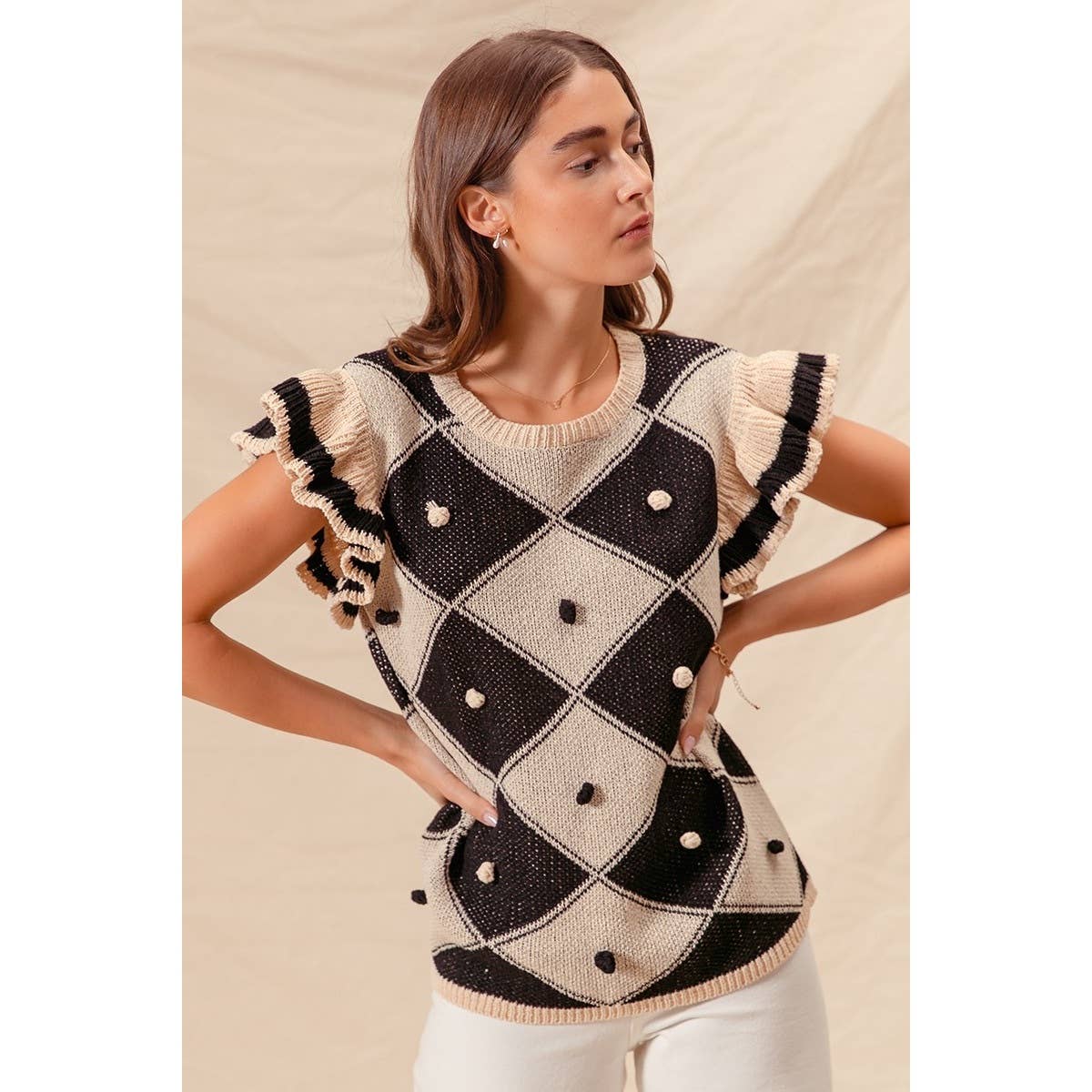 ARGYLE PATTER SWEATER TOP WITH RUFFLED SLEEVES