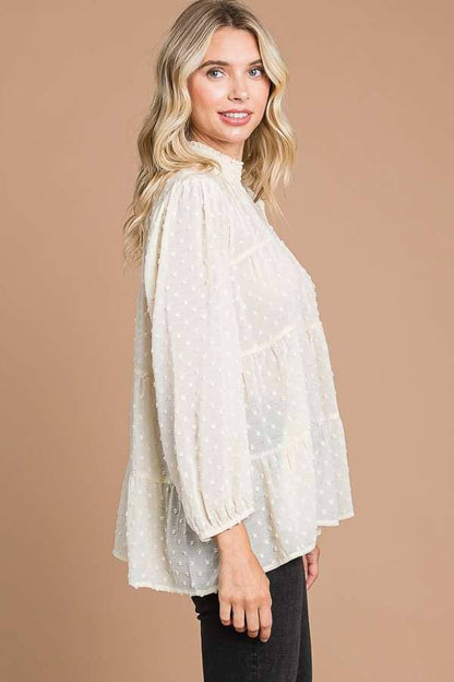 CWT1887Q - SMOCK NECK TIERED 3/4 SLEEVE TOP