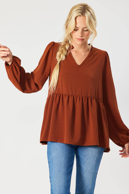 ST3073-A - SOLID LONG SLEEVE PEPLUM  TOP WITH RUFFLE COLLAR