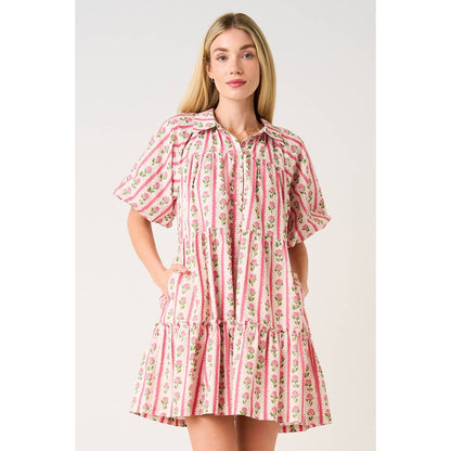 FLORAL STRIPE PRINT TIERED MINI SHIRT DRESS