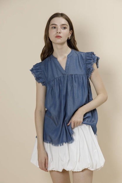 Pre-Washed Tencel Denim Frayed Ruffle Cap Sleeve Top