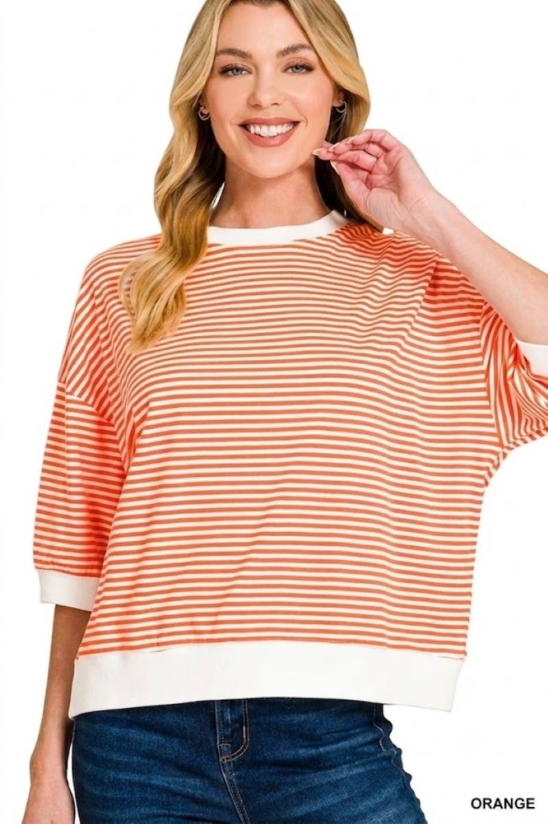 Striped Contrast Trim Banded Bottom Top - Zenana