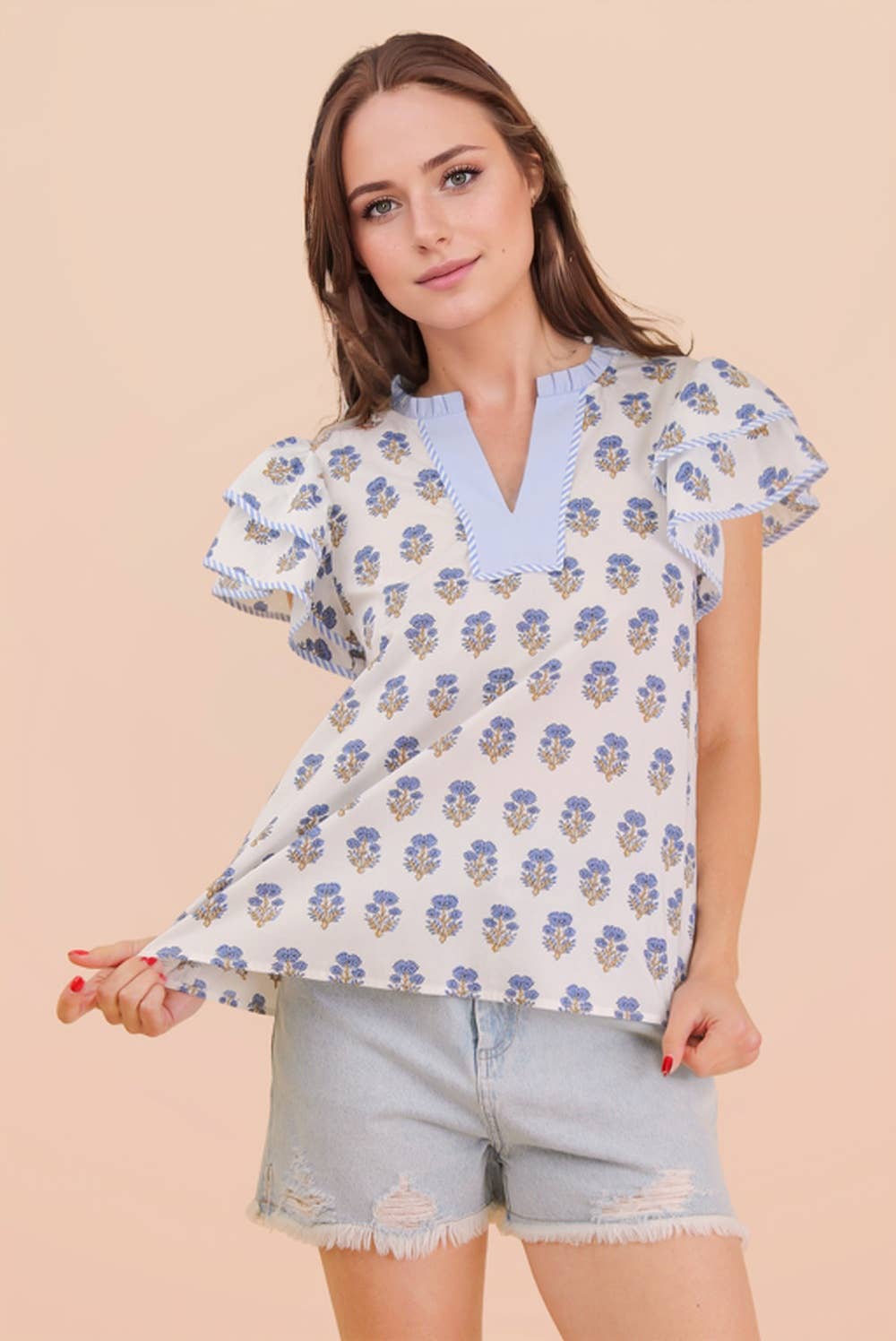 NT12444-Ruffle Sleeve Printed Woven Blouse Top