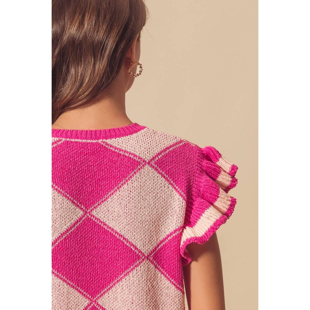 ARGYLE PATTER SWEATER TOP WITH RUFFLED SLEEVES